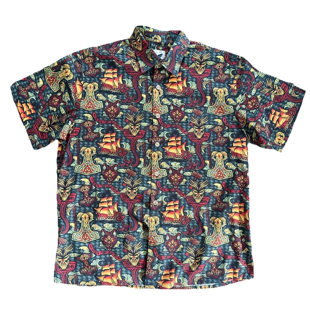 Yiume Camp Collar Shirt Men Medium Viking Norse Mythology Ships Short Sleeve